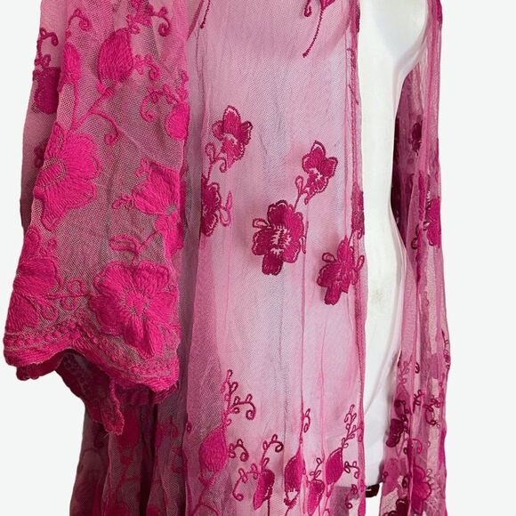Dee Elly Pink Lace Embroidered Open Sheer Coverup Top Jacket Floral Fairy sz S - Picture 6 of 16